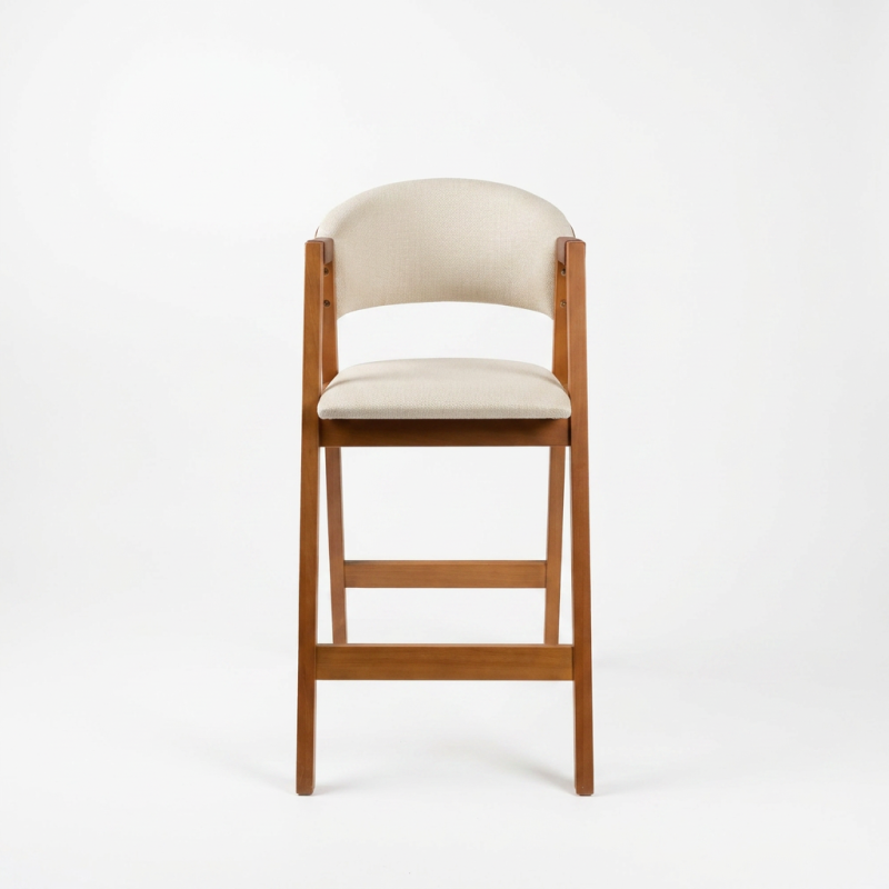 Banqueta Bromélia Amêndoa com Linho Off White e Corino Marrom